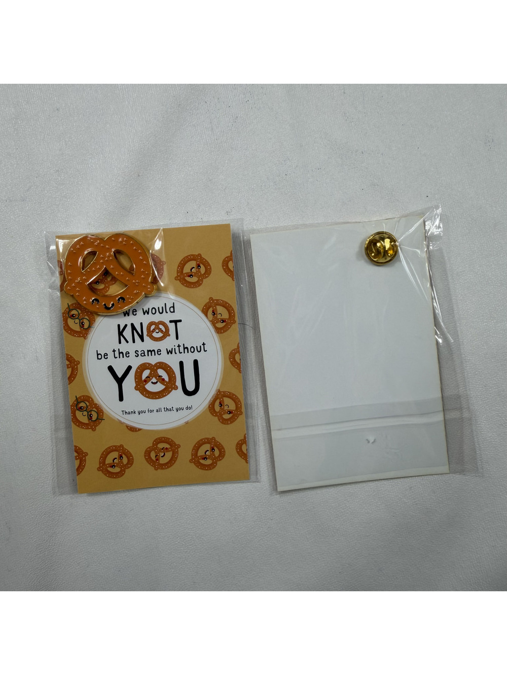 Set of 5 Pretzel Pin Badges with 'We Would Knot Be the Same Without You' Cards
